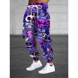 Men's Graffiti Purple Skull Ice Cream Monster Streetwear Joggers Pants M